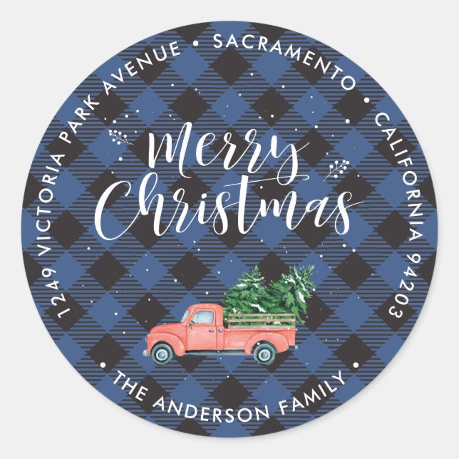 Red Christmas Truck Blue Return Address Labels (Front)