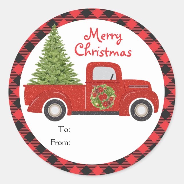 Red Christmas Truck Buffalo Plaid Gift To From Classic Round Sticker (Front)