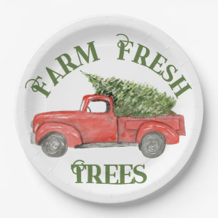 Red Christmas Truck Farm Fresh Trees Paper Plate