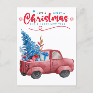 Red Christmas Truck Illustration Holiday Greetings Postcard
