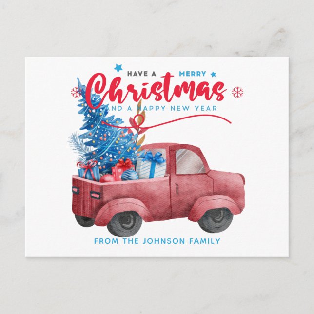 Red Christmas Truck Illustration Holiday Postcard (Front)