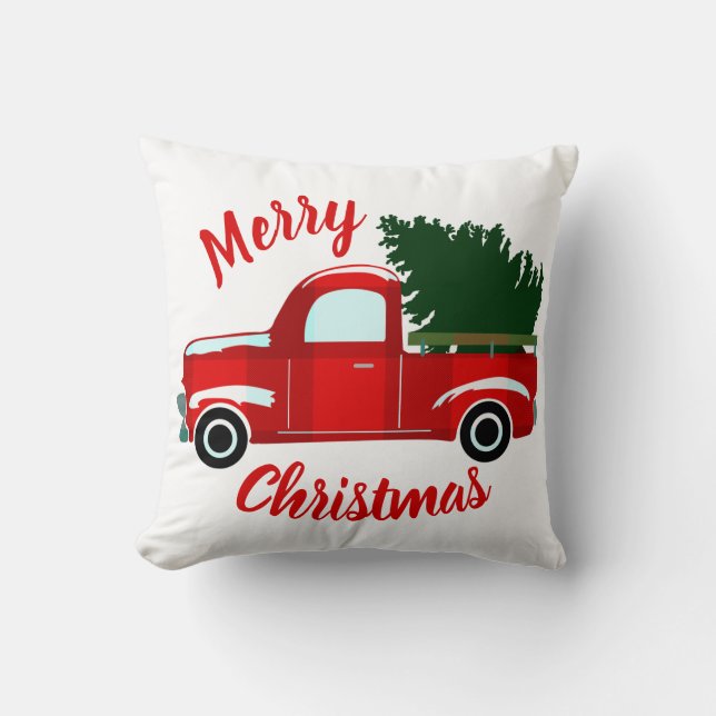 Red Christmas Truck Rustic Christmas Holiday Throw Pillow (Front)