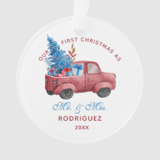 Red Christmas Truck Watercolor Newlyweds Photo Ornament