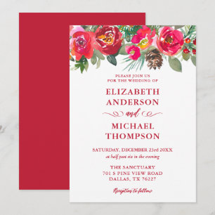 Red Christmas Watercolor Floral Winter Wedding Invitation