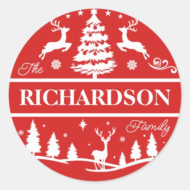 Red Christmas White Family Name Custom | Holiday Classic Round Sticker (Front)