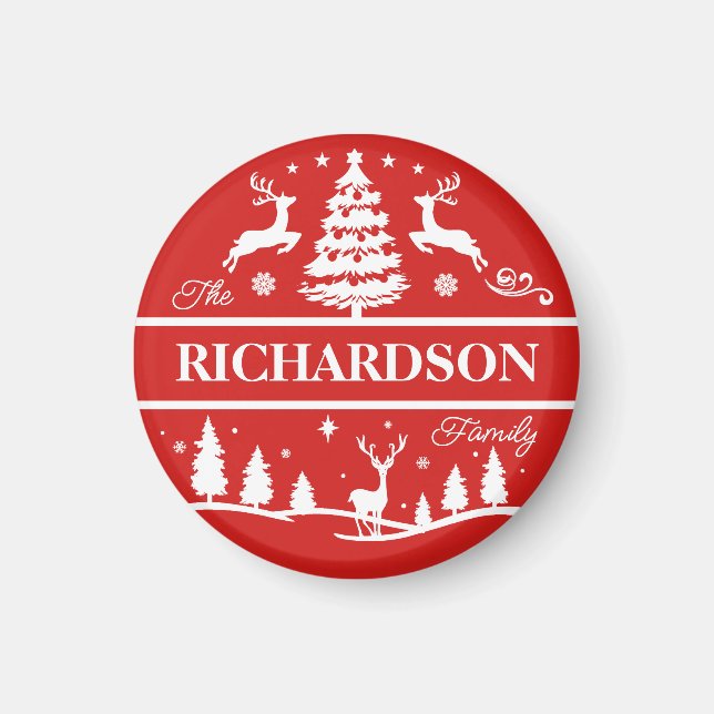 Red Christmas White Family Name Personalized Name Magnet (Front)