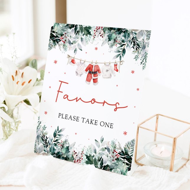 Red Christmas Winter Cute Santa Baby Shower Favour Pedestal Sign (Watercolor Red Christmas Winter Cute Santa Baby Shower Favors Pedestal Sign)