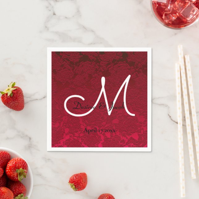 Red Christmas Winter Wedding Reception Monogram Napkin (Insitu)