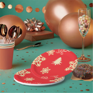 Red Christmas with Cream Snowflakes Paper Plate