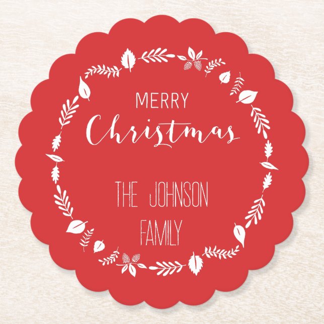 Red Christmas With White Leaves Decor Paper Coaster (Front)