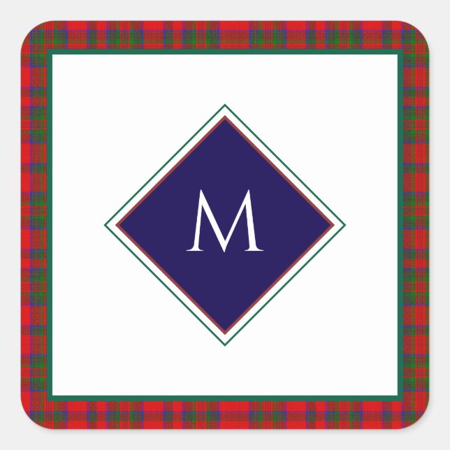 Red Christmas Wool Texture Plaid with Monogram Square Sticker (Front)