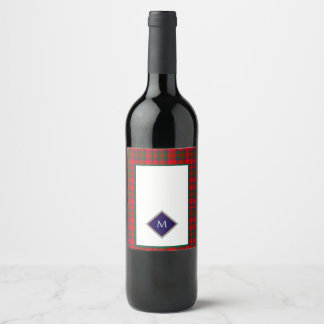 Red Christmas Wool Texture Plaid with Monogram Wine Label