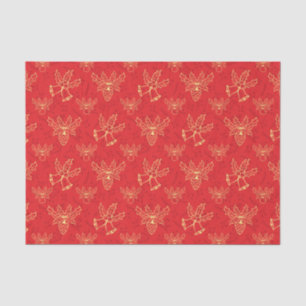 Red Christmas Wrap Bells and Holly Berries Pattern Tissue Paper