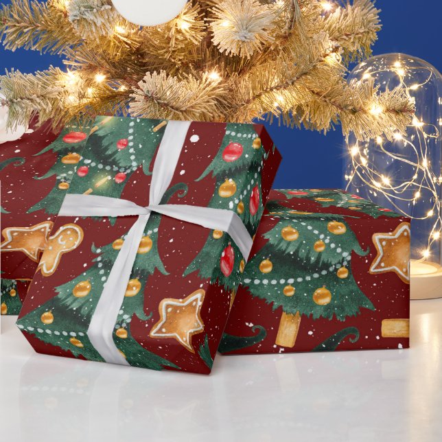 Red Christmas Wrapping Paper with Christmas Trees (Holidays)