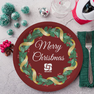 Red Christmas Wreath Custom Company Marketing Paper Plate
