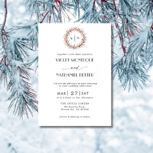 Red Christmas Wreath Initial Formal Black Wedding Invitation