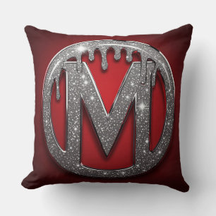 Red Chrome Drip Letter M Monogram Glitter Emblem Throw Pillow