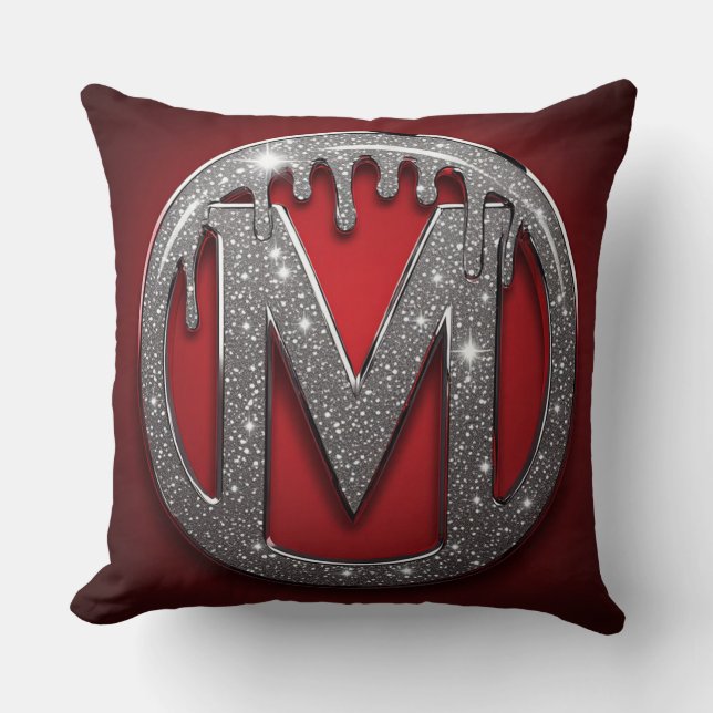 Red Chrome Drip Letter M Monogram Glitter Emblem Throw Pillow (Front)