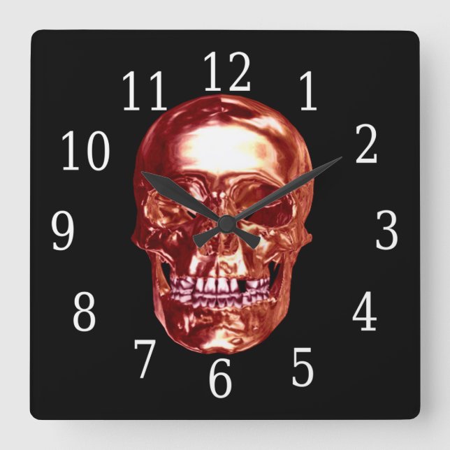 Red Chrome Skull Square Clock (Front)