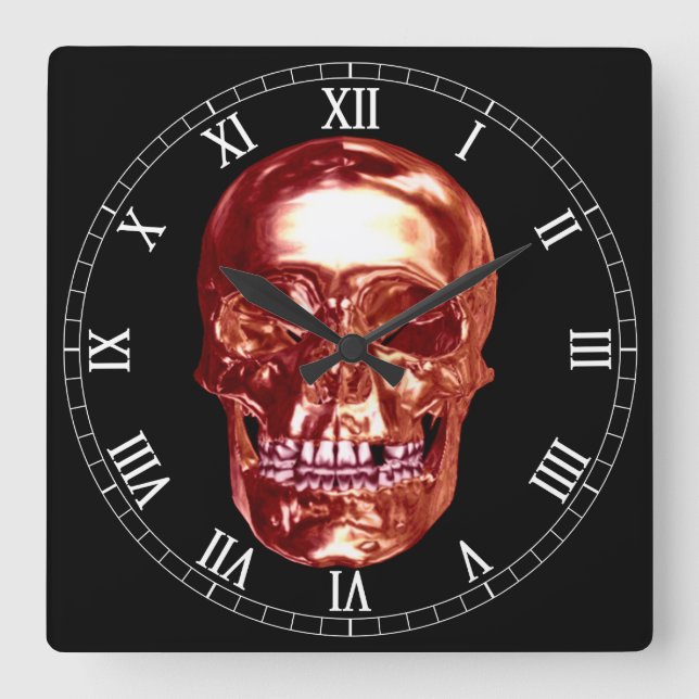 Red Chrome Skull Square Roman Numerals Clock (Front)