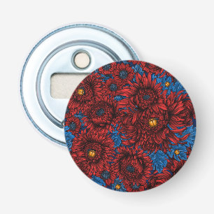 Red chrysanthemum flowers and orange beetles bottle opener