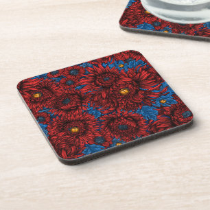 Red chrysanthemum flowers and orange beetles coaster
