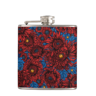 Red chrysanthemum flowers and orange beetles hip flask