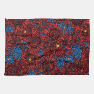 Red chrysanthemum flowers and orange beetles kitchen towel