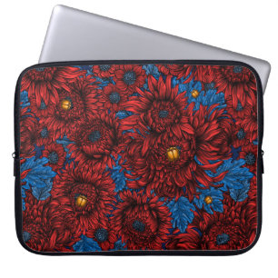 Red chrysanthemum flowers and orange beetles laptop sleeve