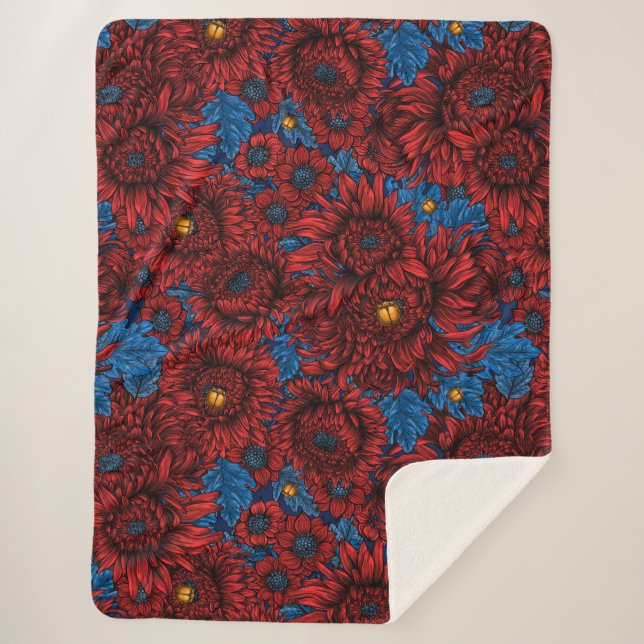 Red chrysanthemum flowers and orange beetles sherpa blanket (Front)
