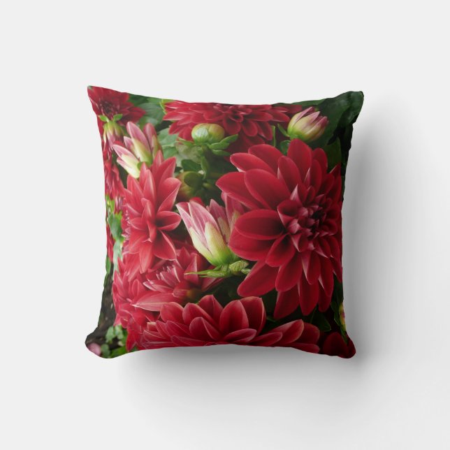Red Chrysanthemum pilliow with green back Throw Pillow (Front)