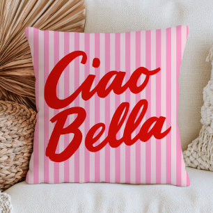 Red "Ciao Bella" on Pink Stripes Modern Eclectic Throw Pillow