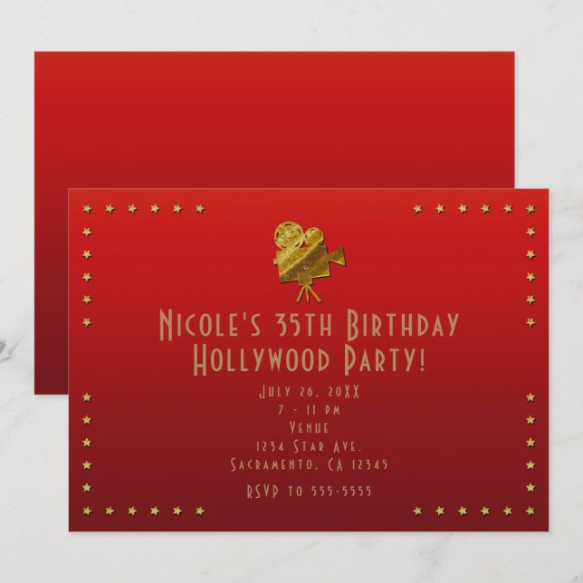 Red Cinema & Gold Stars Hollywood Party Invitation (Devant / Derrière)