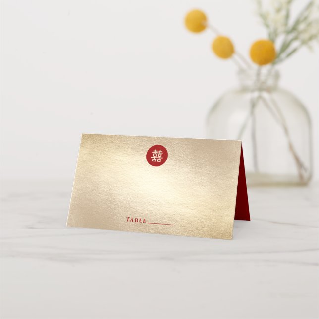 Red Circle Double Happiness Gold Chinese Wedding Place Card (Front)