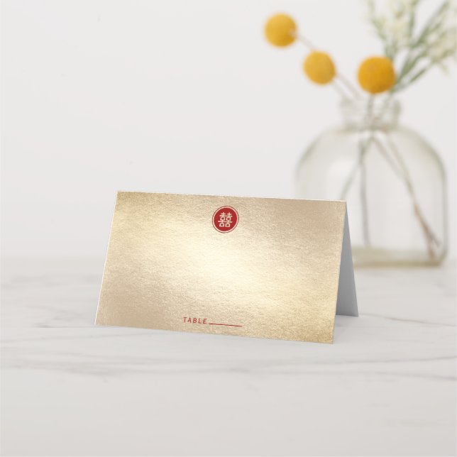 Red Circle Double Happiness Gold Chinese Wedding Place Card (Front)