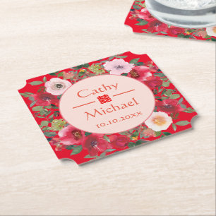 Red circle floral wreath modern Chinese wedding Paper Coaster