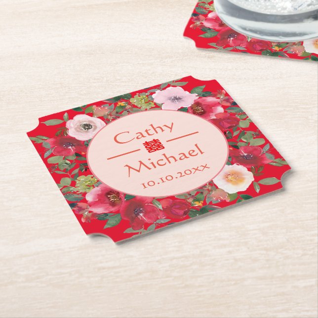 Red circle floral wreath modern Chinese wedding Paper Coaster (Angled)