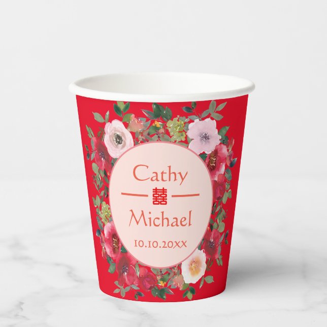 Red circle floral wreath modern Chinese wedding Paper Cups (Front)