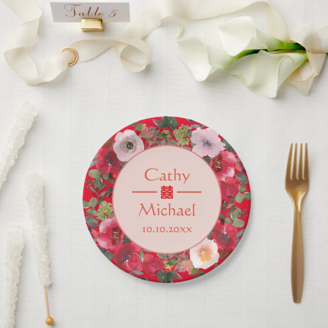 Red circle floral wreath modern Chinese wedding Paper Plate (Wedding)