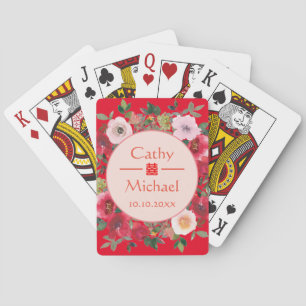 Red circle floral wreath modern Chinese wedding Playing Cards