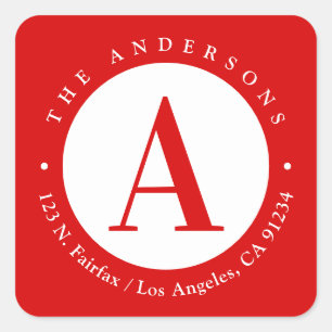 Red Circle Monogram Return Address Square Sticker