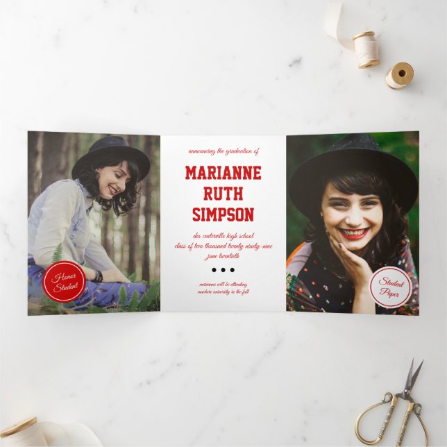 Red Circles 5-Photo Graduation Tri-Fold Invitation (Inside)