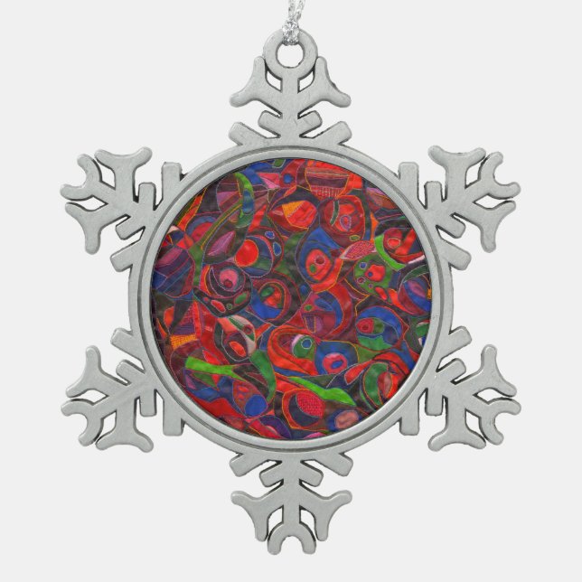Red circles snowflake pewter christmas ornament (Front)