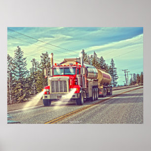Red Cistern Truck - Lorry and Highway Art Poster