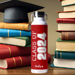 Red Class of 2024 Personalized Graduation Water Bottle<br><div class="desc">This classic red custom senior graduate water bottle features bold white typography reading class of 2024 in varsity letters for a high school or college graduation party keepsake gift. Customize with your name in elegant cursive script underneath for a great commemorative favour.</div>