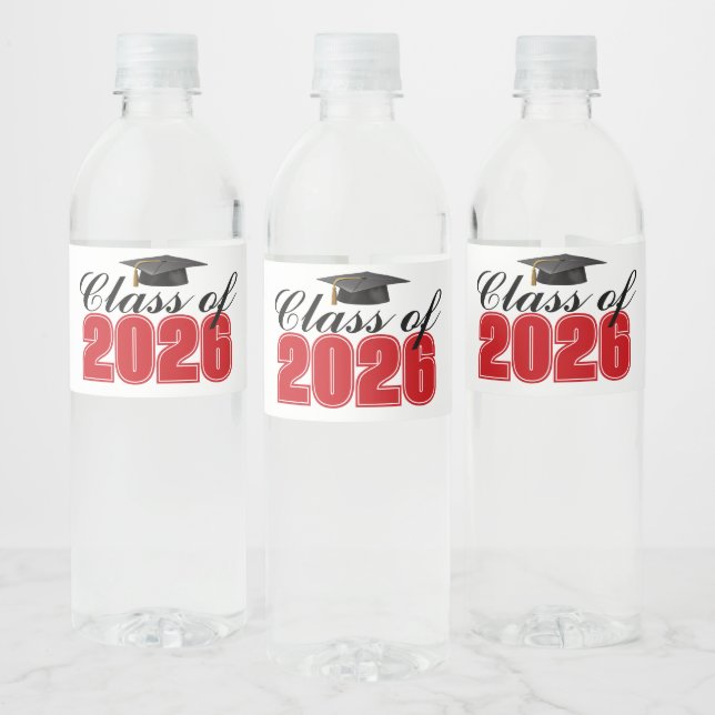 Red Class of 2026 Graduation Party Water Bottle Label (Bottles)