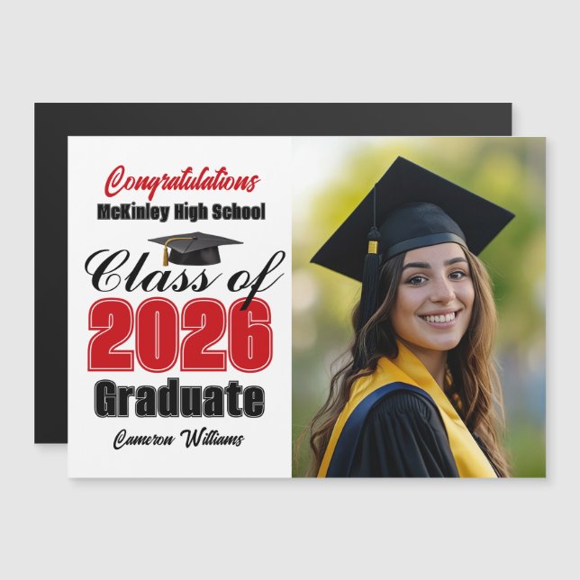 Red Class of 2026 Graduation Photo Magnet Card (Devant / Derrière)