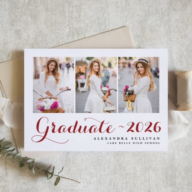  Red Class of 2026 Photo Collage Graduation Invitation (Customizable photo collage graduation invitation featuring modern calligraphy. )