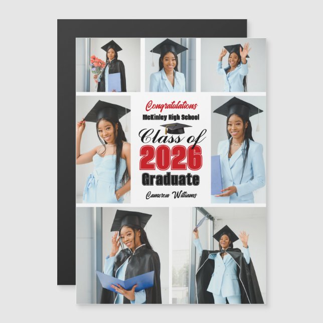 Red Class of 2026 Photo Collage Graduation Magnet (Front/Back)