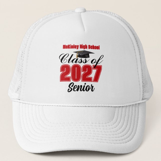 Red Class of 2027 Senior Custom High School Trucker Hat (Front)